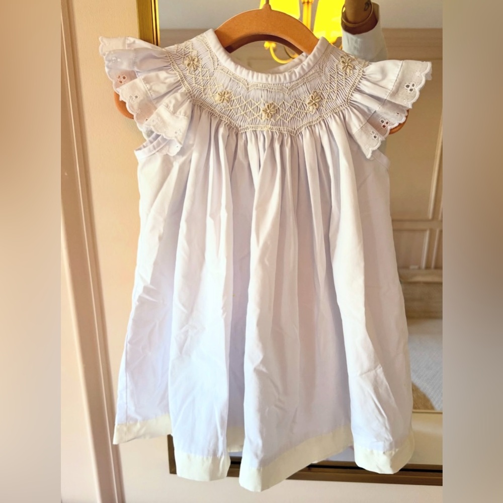 White Embroidered Smocked Flutter-Sleeve Dress for Girls